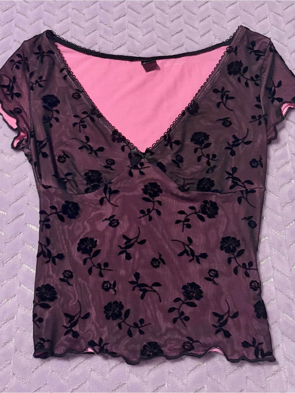 SHEIN Pink Mesh Top with Black Floral Pattern and Ruffled Trim